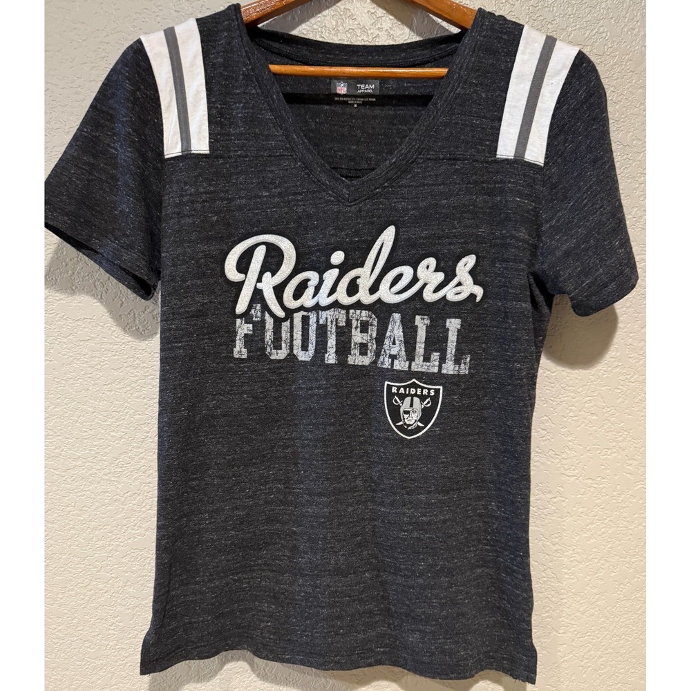NFL Team Apparel Womens T-Shirt Medium NFL Raiders Football V-Neck Gray